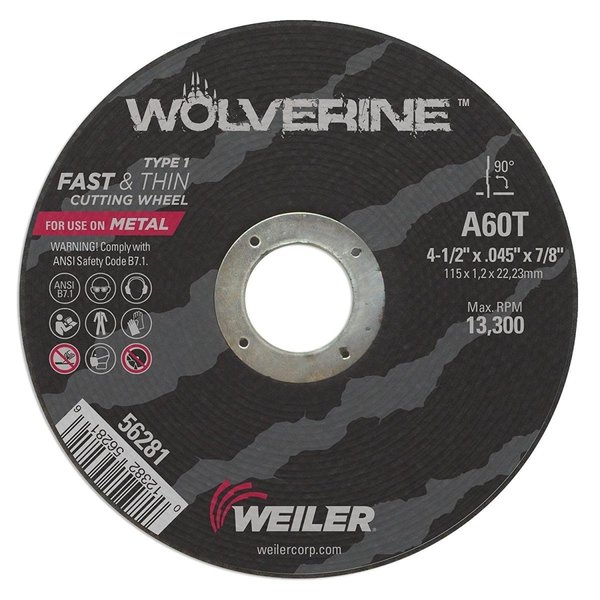 Weiler 4.5 x .045 x 875 in. Wolverine Type 1 Thin Cutting Wheel, A60T WE389536